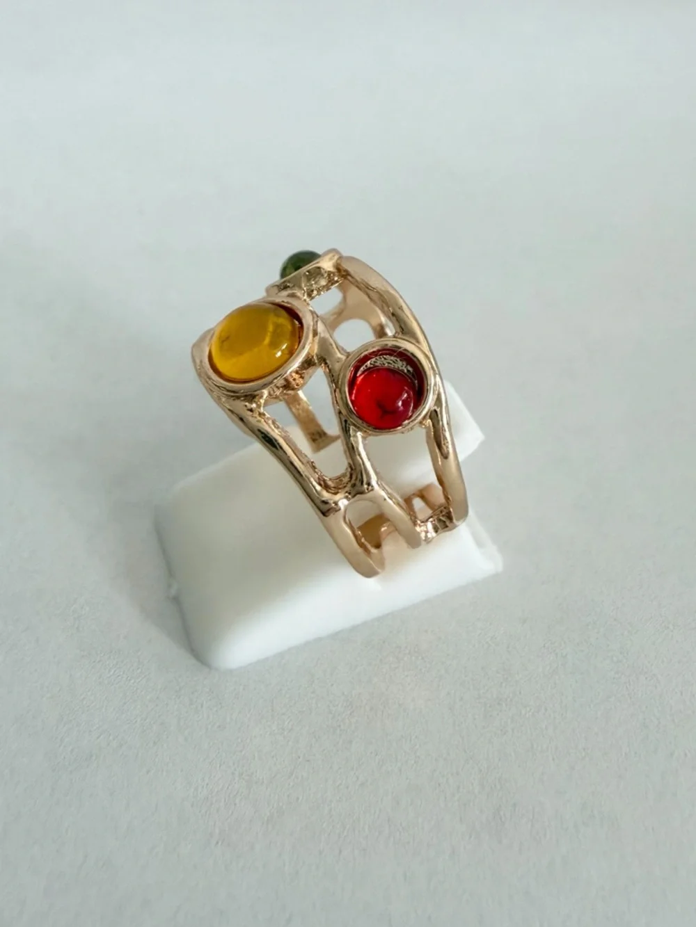 BNIB - Gold Tone Multi-Stone Cocktail Ring with Yellow, Red & Green Cabochons